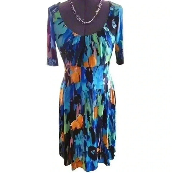 London Style Watercolor Floral Midi Dress stretchy fit flair-art- to-wear - Picture 1 of 8